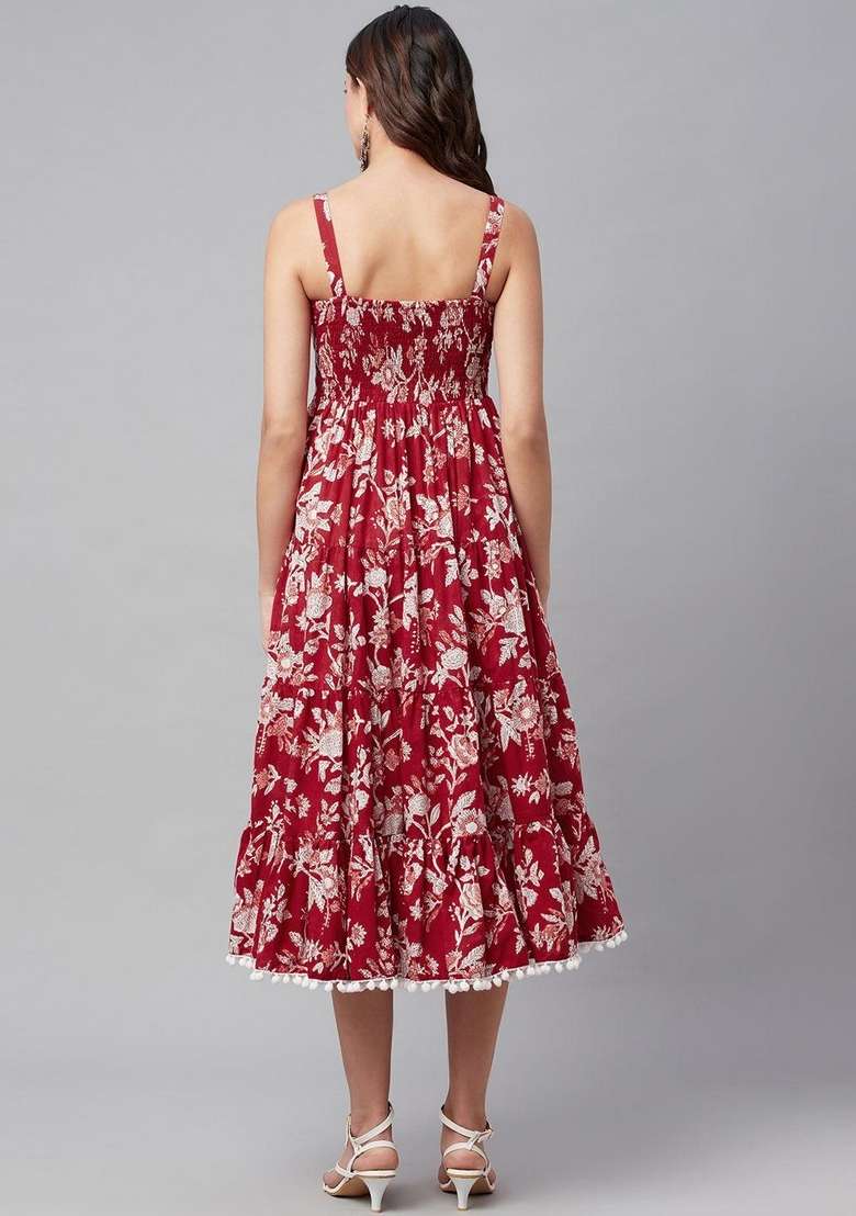 Red Floral Print Cotton Gown - Indya