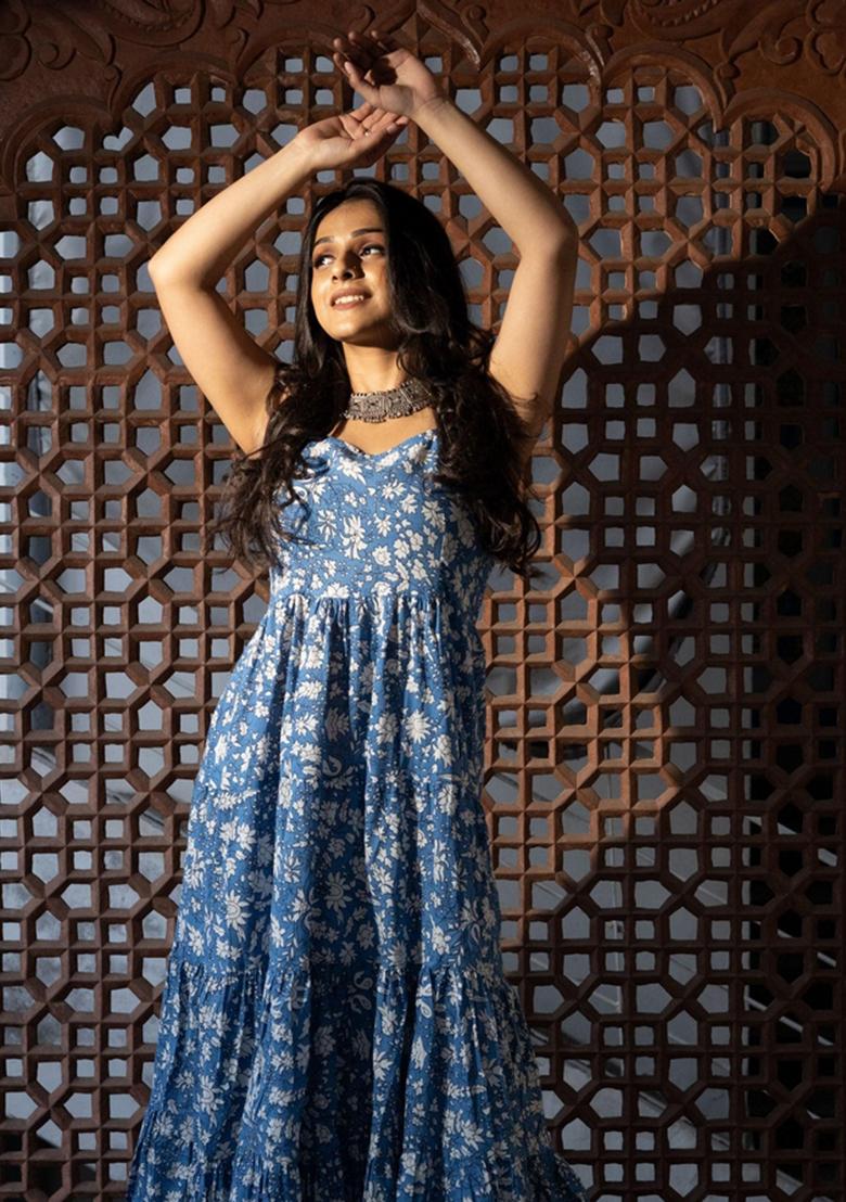 Indigo Floral Cotton Dress - Indya