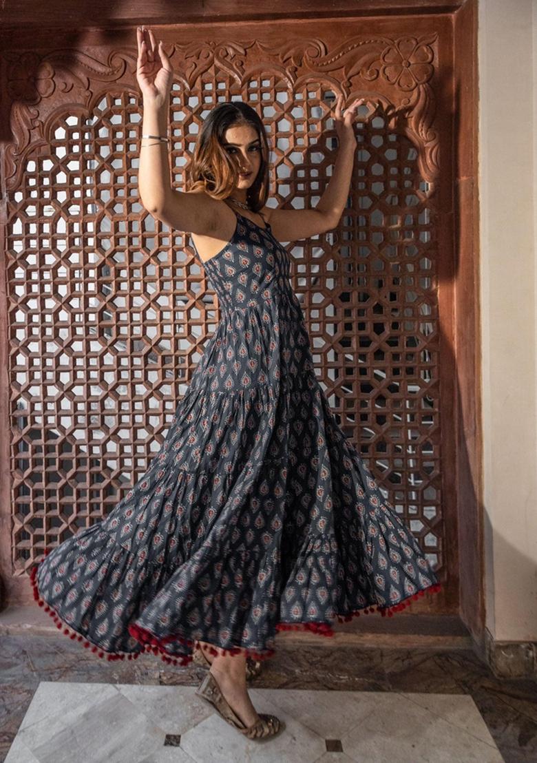 Navy Floral Cotton Dress - Indya