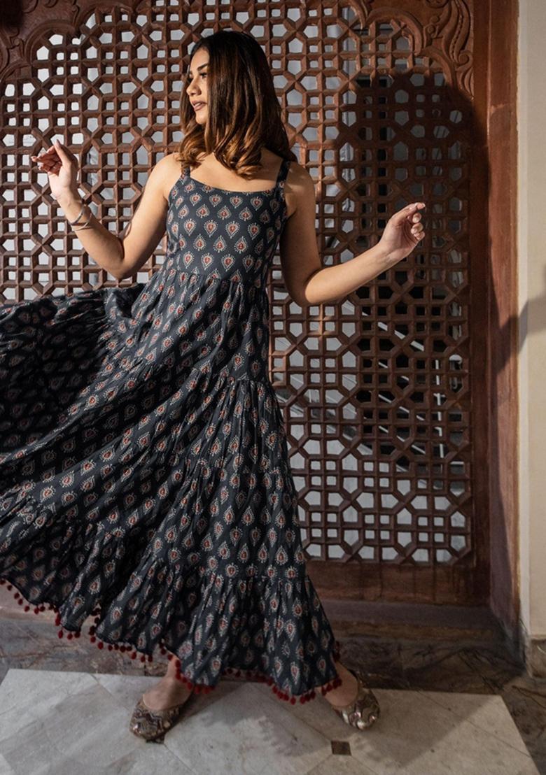 Navy Floral Cotton Dress - Indya