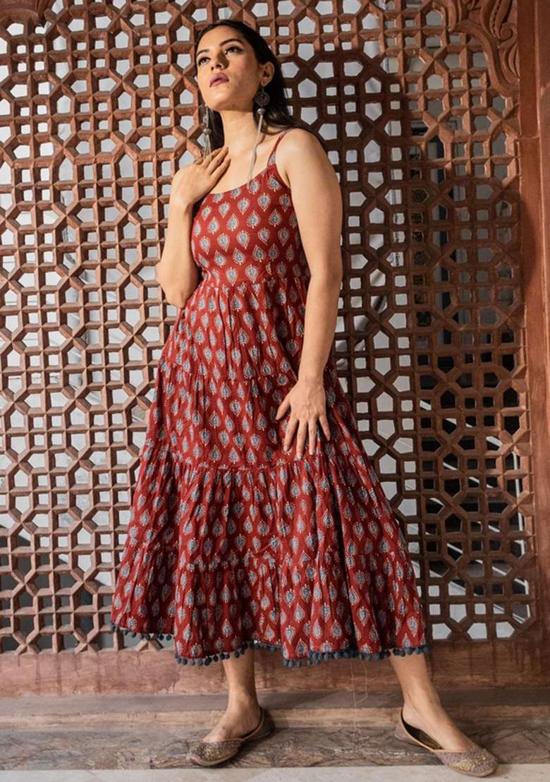 Maroon Printed Cotton Gown for Diwali and Festive Wear - Indya
