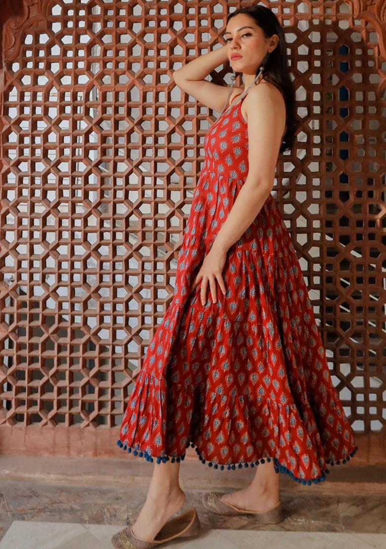 Maroon Floral Cotton Dress - Indya