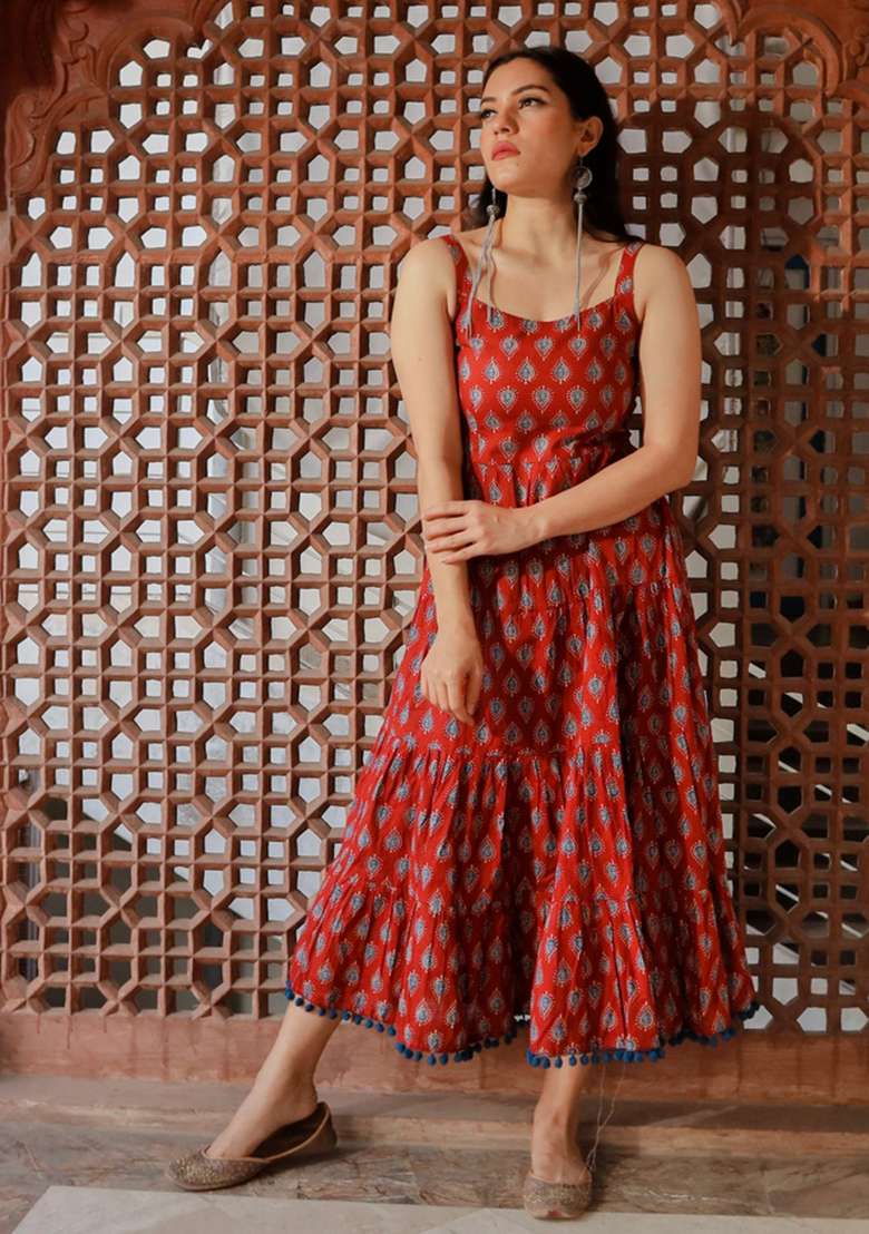 Maroon Printed Cotton Gown for Diwali and Festive Wear - Indya