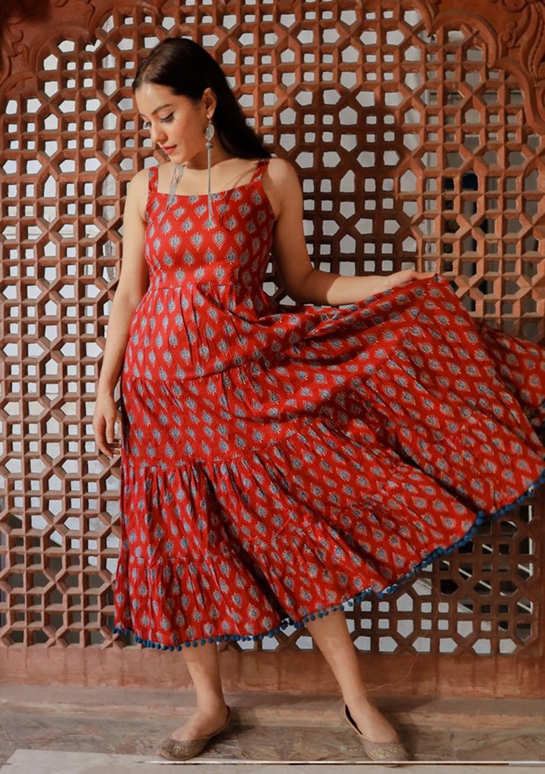 Maroon Floral Cotton Dress - Indya