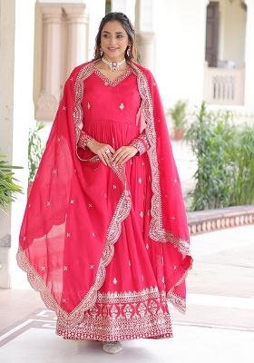 Rani Pink Embroidered Sequence Silk Gown With Dupatta