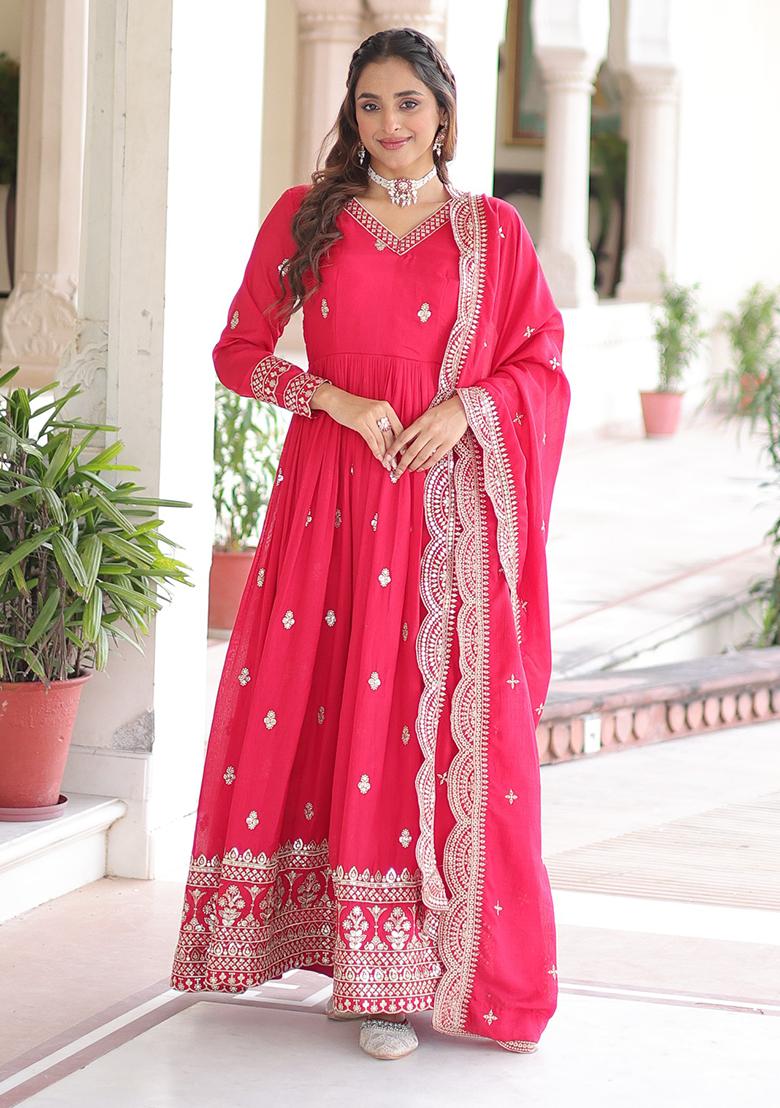 Rani Pink Embroidered Sequence Silk Gown With Dupatta - Indya