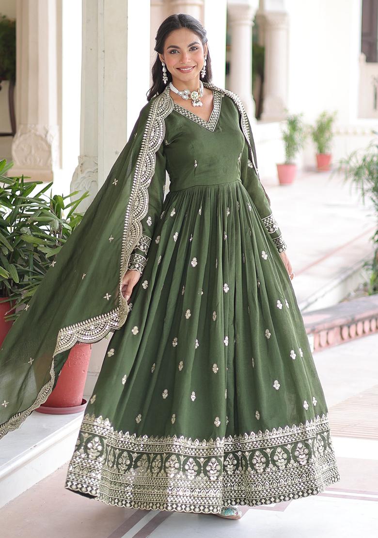 Mahendi Embroidered Sequence Silk Gown With Dupatta - Indya