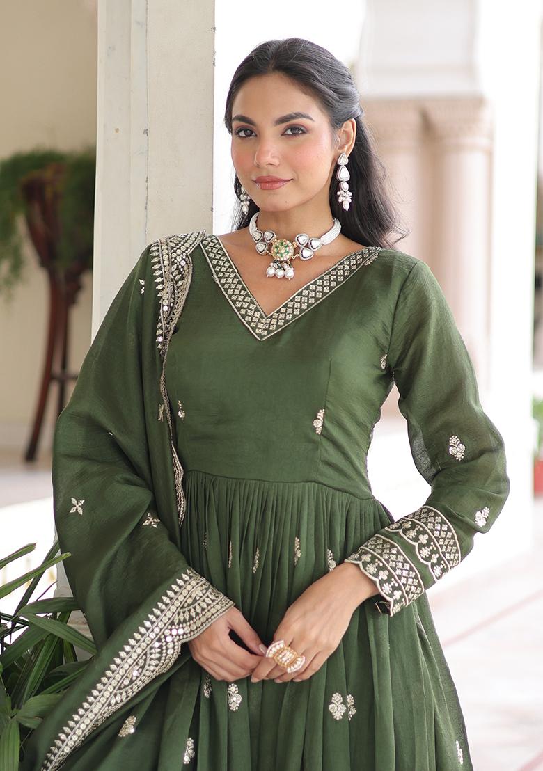 Mahendi Embroidered Sequence Silk Gown With Dupatta - Indya