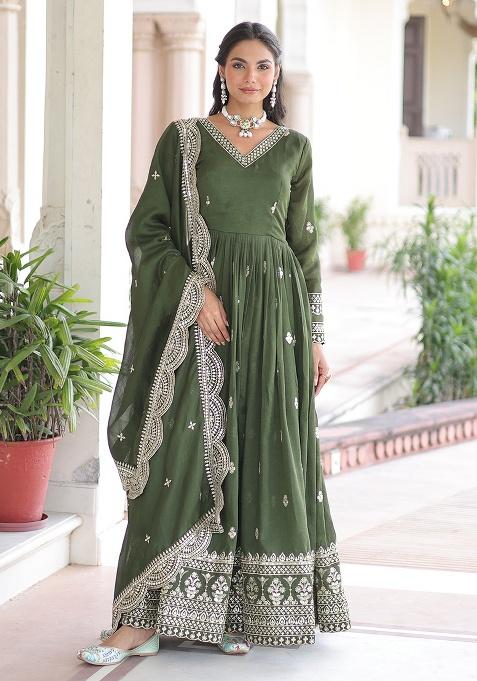 Mahendi Embroidered Sequence Silk Gown With Dupatta