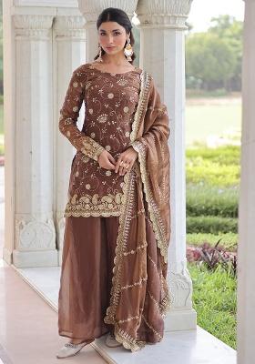 Coffee Embroidered Sequence Silk Sharara Set