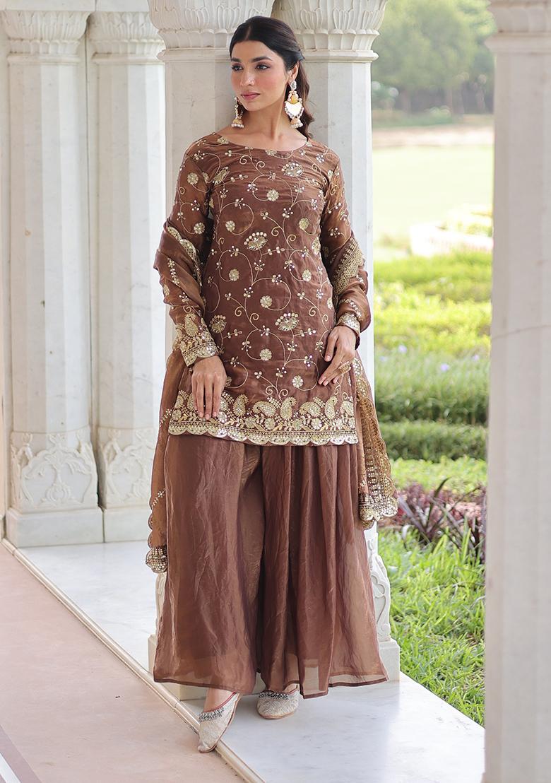 Coffee Embroidered Sequence Silk Sharara Set - Indya