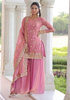 Light Pink Embroidered Sequence Silk Sharara Set