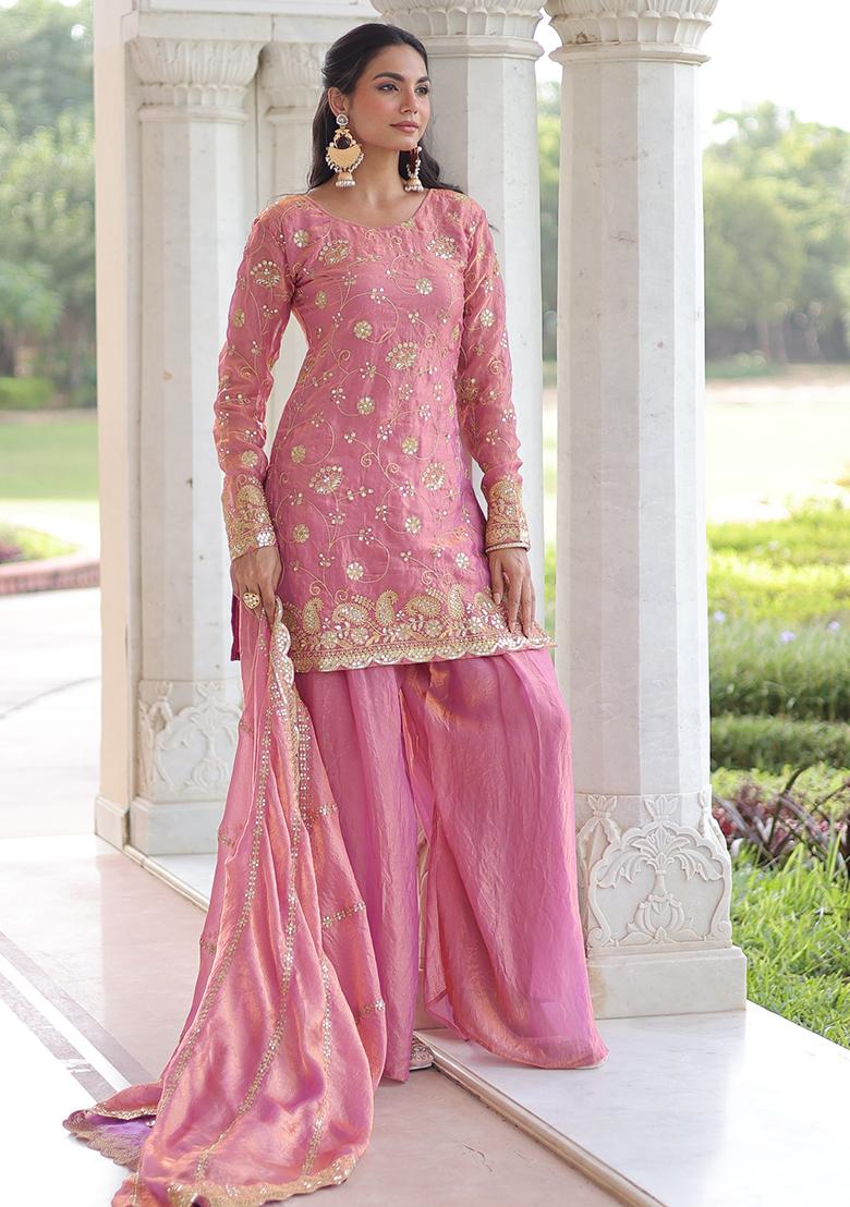 Light Pink Embroidered Sequence Silk Sharara Set - Indya