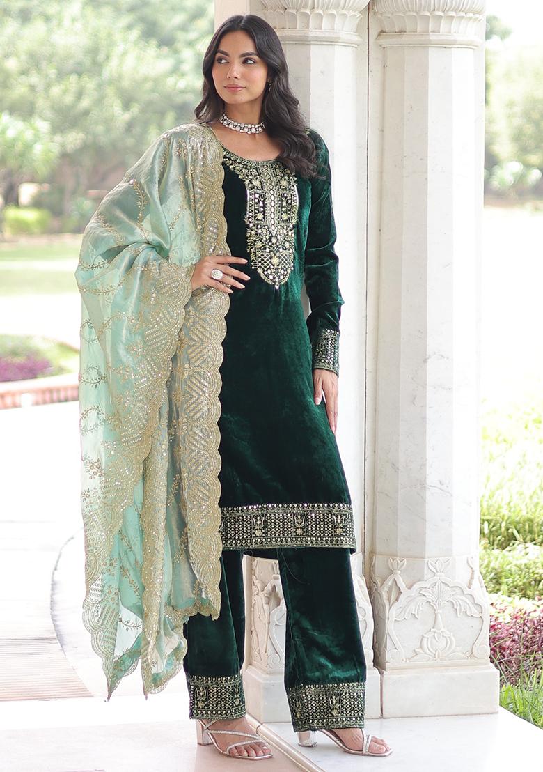 Green Embroidered Sequence Velvet Salwar Kameez With Dupatta - Indya