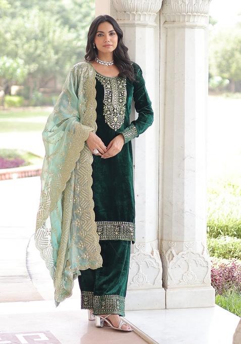 Green Embroidered Sequence Velvet Salwar Kameez With Dupatta
