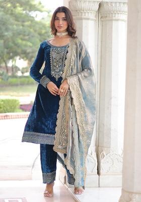 Blue Embroidered Sequence Velvet Salwar Kameez With Dupatta