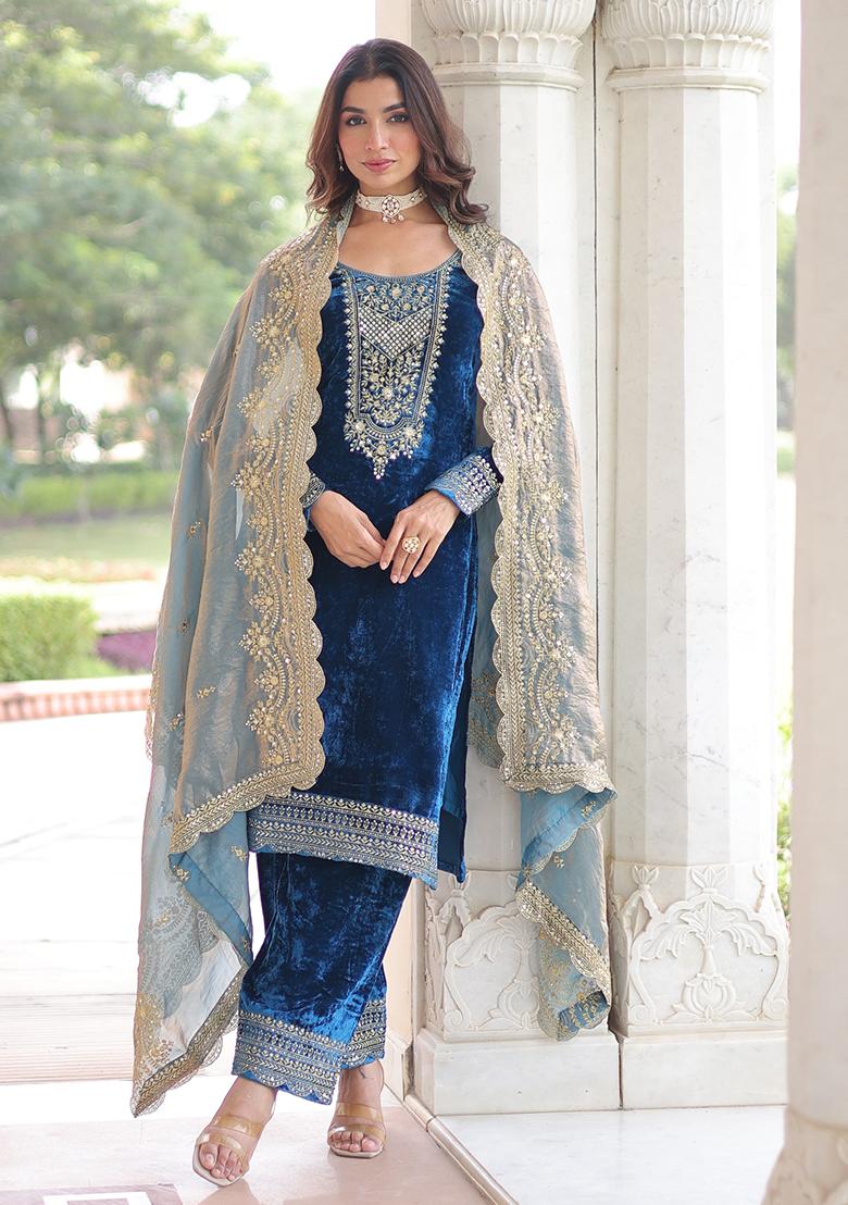 Blue Embroidered Sequence Velvet Salwar Kameez With Dupatta - Indya