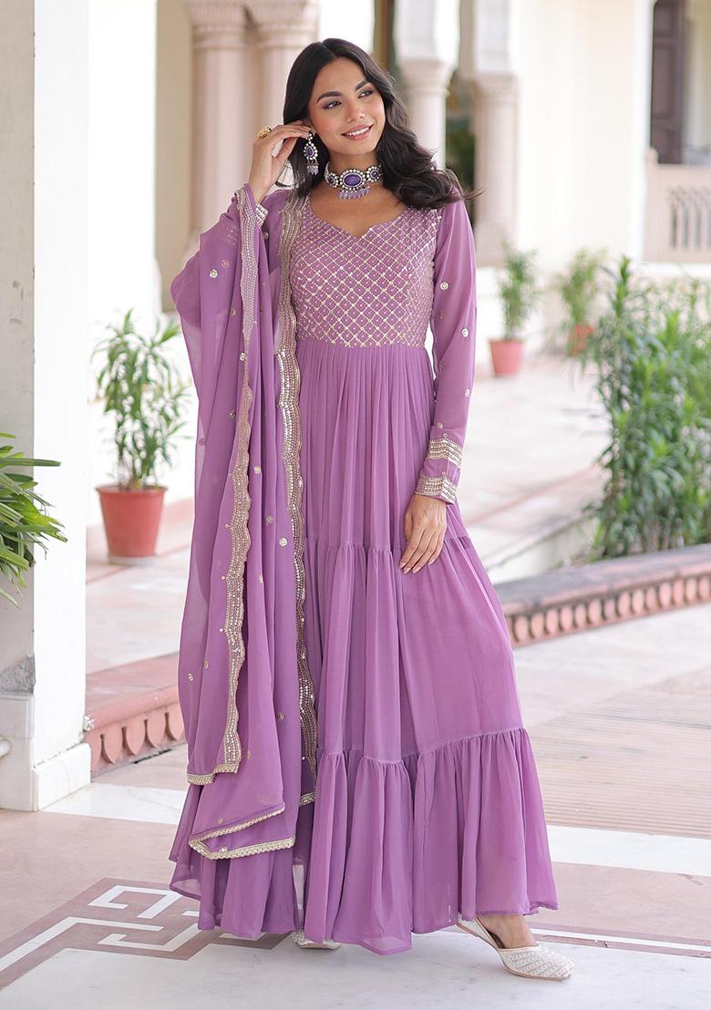 Onion Pink Embroidered Sequence Georgette Gown With Dupatta - Indya