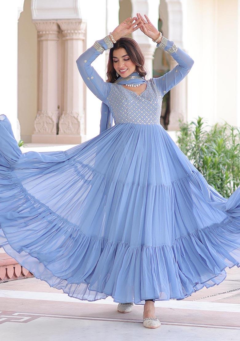 Sky Blue Embroidered Sequence Georgette Gown With Dupatta - Indya