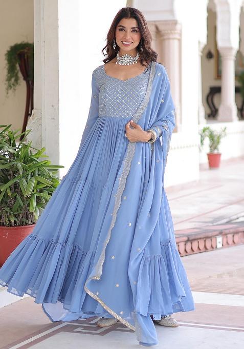Sky Blue Embroidered Sequence Georgette Gown With Dupatta