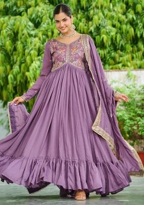 Lavender Embroidered Sequence Silk Gown With Dupatta