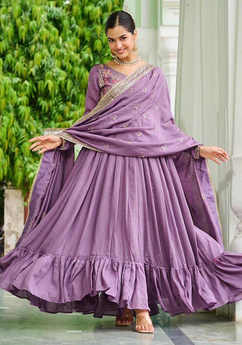 Lavender Embroidered Sequence Silk Gown With Dupatta - Indya