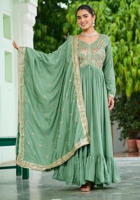 Pista Green Embroidered Sequence Silk Gown With Dupatta