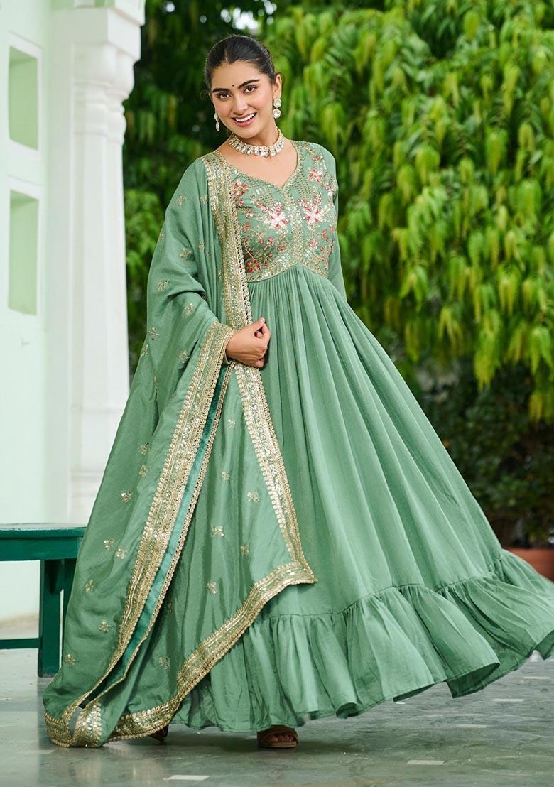 Pista Green Embroidered Sequence Silk Gown With Dupatta - Indya