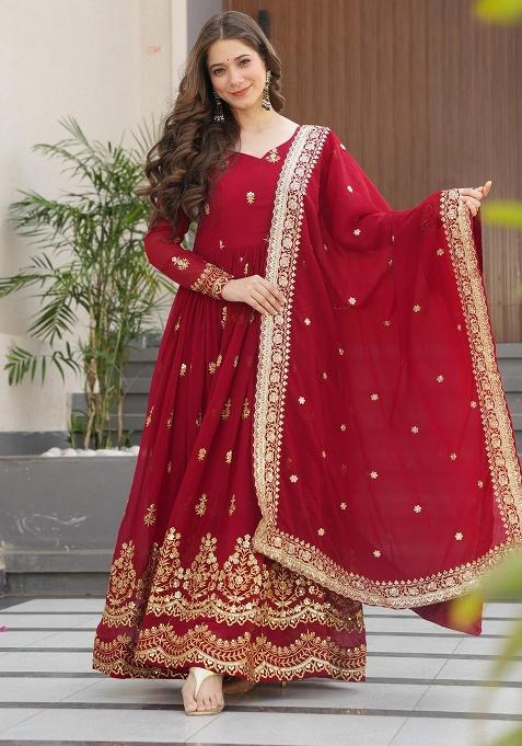 Maroon Embroidered Sequence Georgette Gown With Dupatta