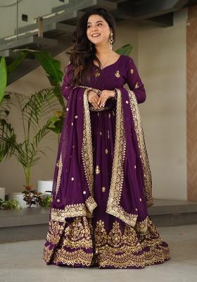 Purple Embroidered Sequence Georgette Gown With Dupatta