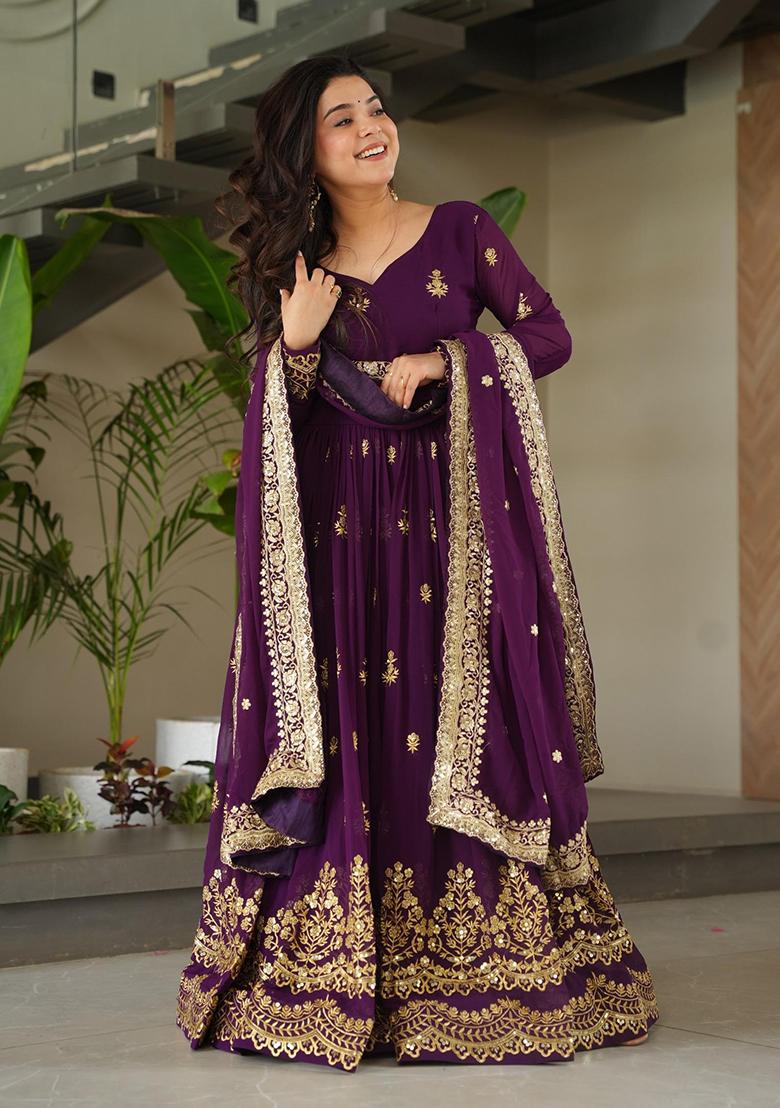 Purple Embroidered Sequence Georgette Gown With Dupatta - Indya