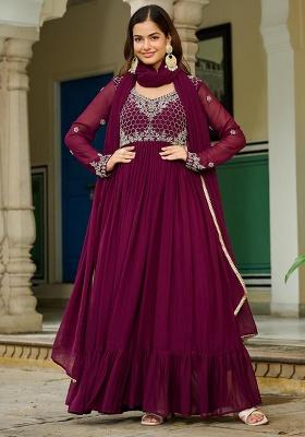 Wine Embroidery Georgette Gown With Dupatta