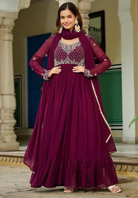 Wine Embroidery Georgette Gown With Dupatta