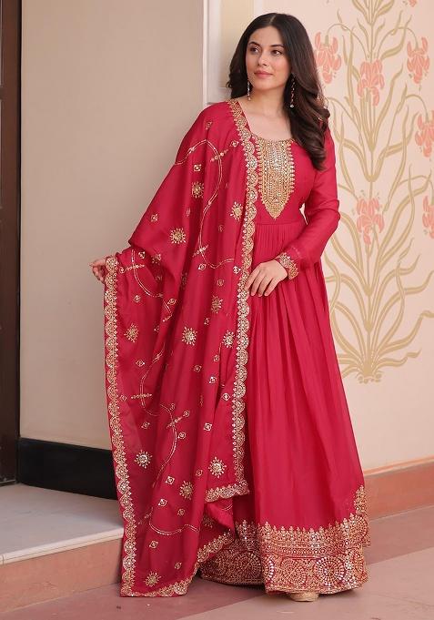 Rani Pink Embroidered Sequence Georgette Gown With Dupatta