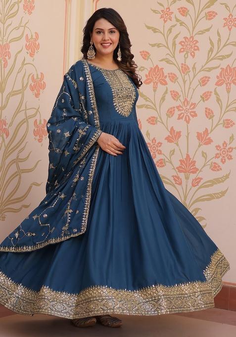 Blue Embroidered Sequence Georgette Gown With Dupatta