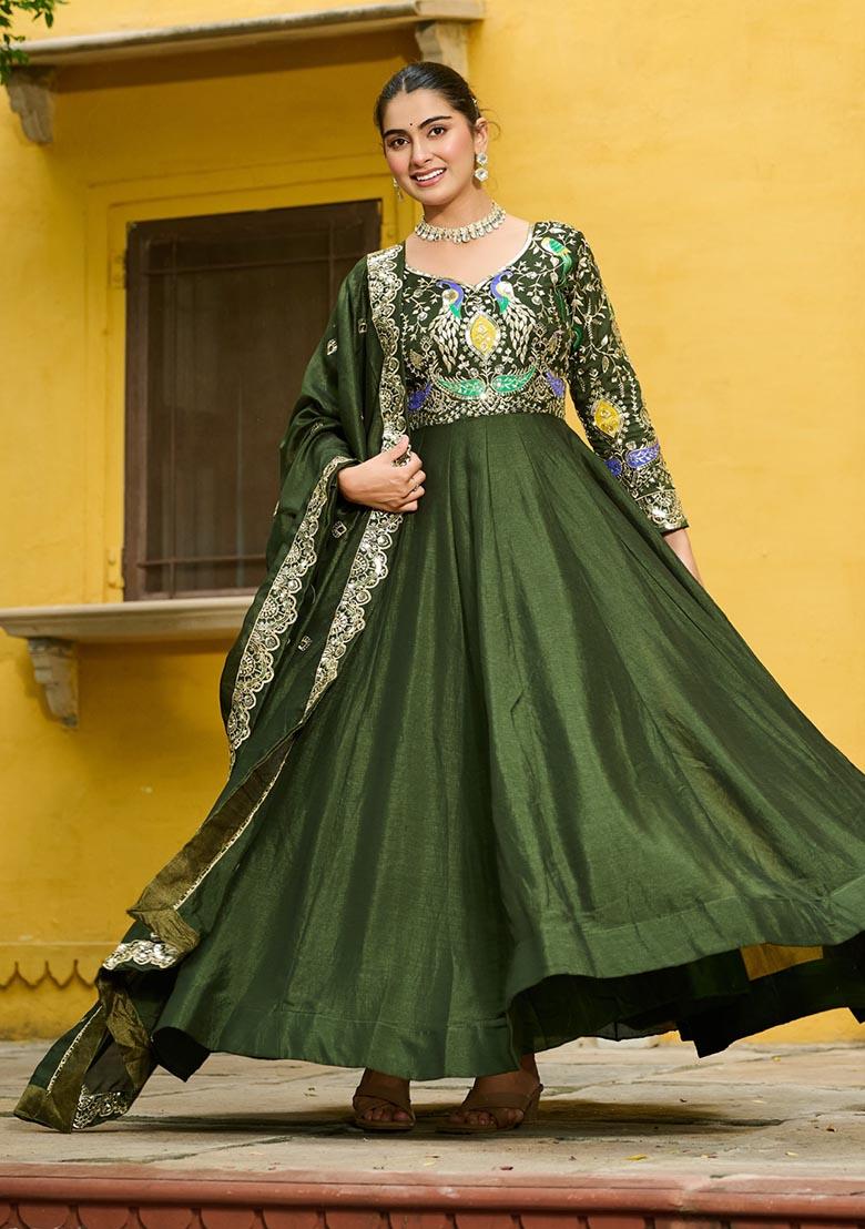 Mahendi Embroidered Sequence Silk Gown With Dupatta - Indya