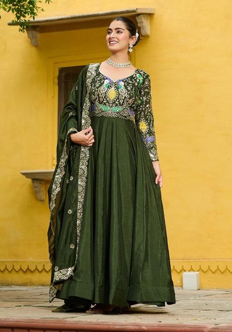 Mahendi Embroidered Sequence Silk Gown With Dupatta