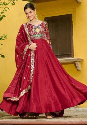 Maroon Embroidered Sequence Silk Gown With Dupatta