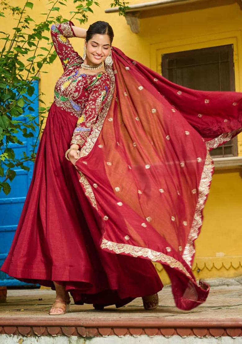Maroon Embroidered Sequence Silk Gown With Dupatta - Indya
