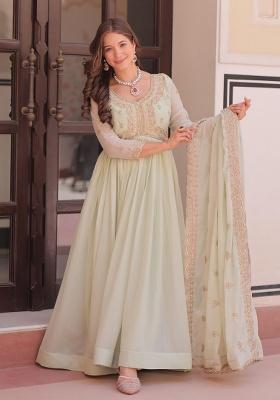 Pista Green Embroidered Sequence Georgette Gown With Dupatta