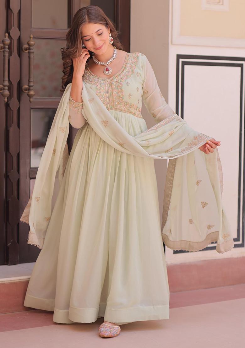 Pista Green Embroidered Sequence Georgette Gown With Dupatta - Indya