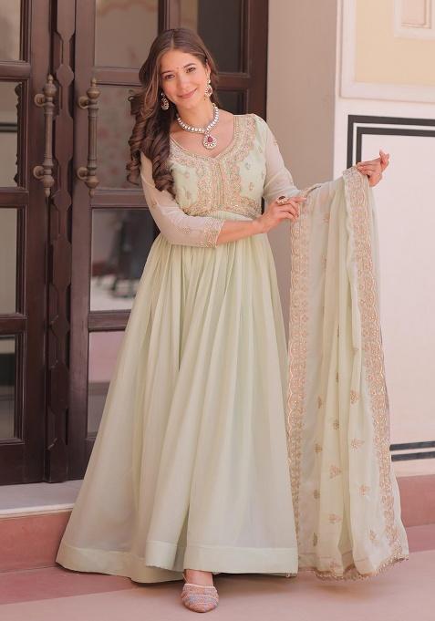 Pista Green Embroidered Sequence Georgette Gown With Dupatta