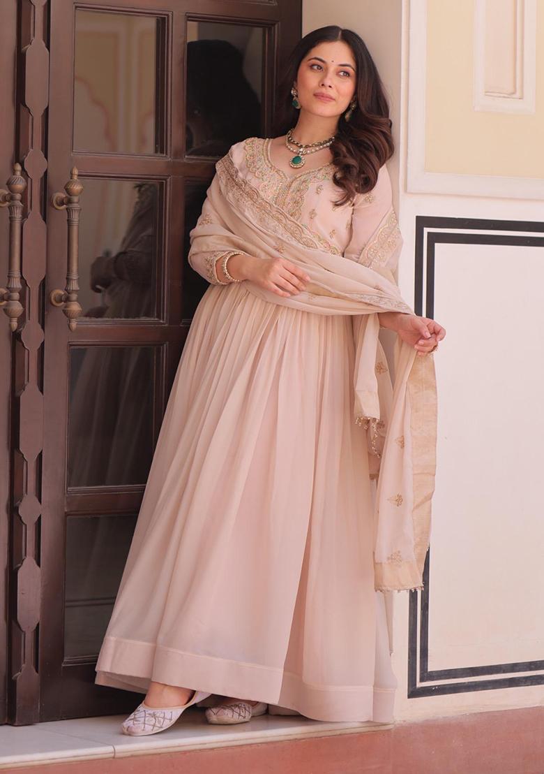 Cream Embroidered Sequence Georgette Gown With Dupatta - Indya