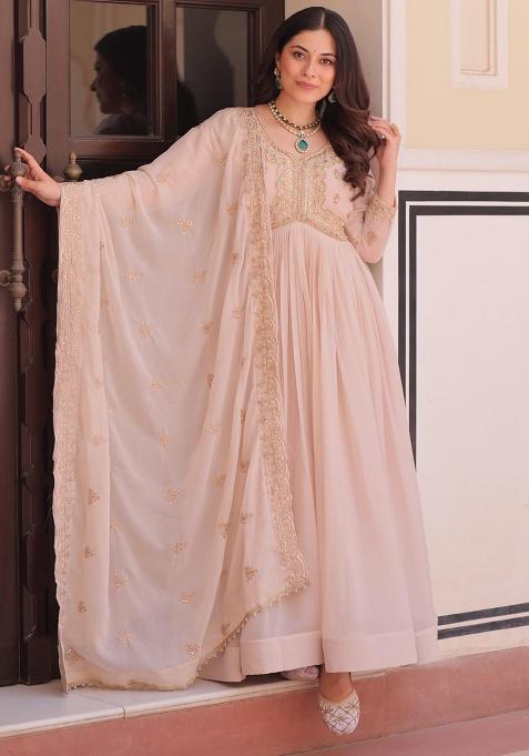Cream Embroidered Sequence Georgette Gown With Dupatta