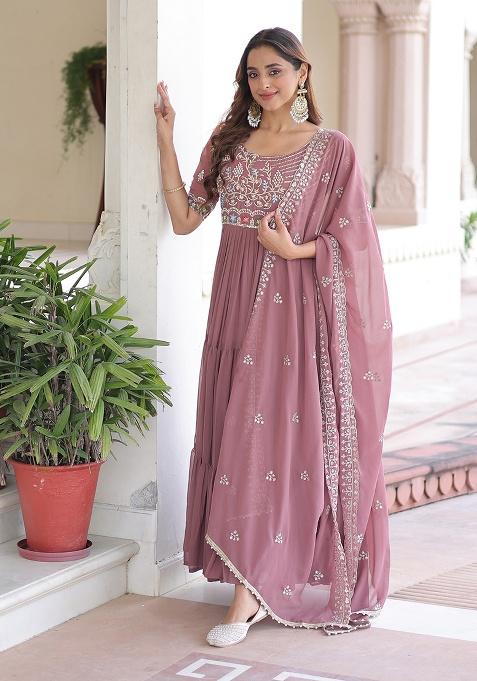 Onion Pink Embroidered Sequence Georgette Gown With Dupatta