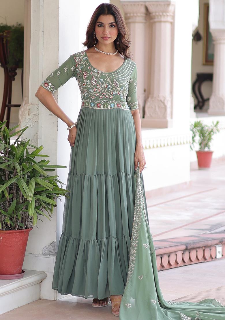Rama Green Embroidered Sequence Georgette Gown With Dupatta - Indya