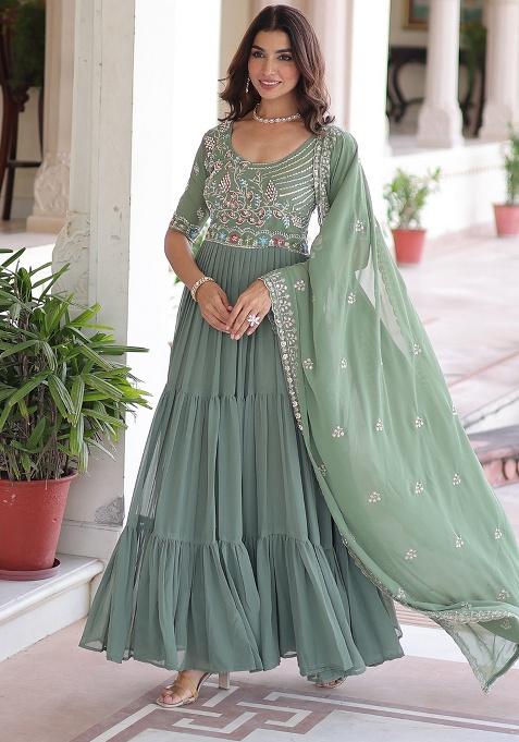 Rama Green Embroidered Sequence Georgette Gown With Dupatta