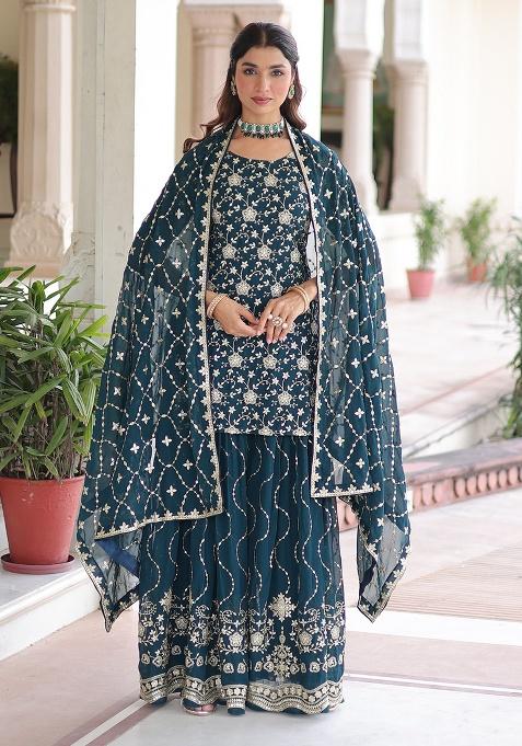 Blue Embroidered Sequence Georgette Sharara Set