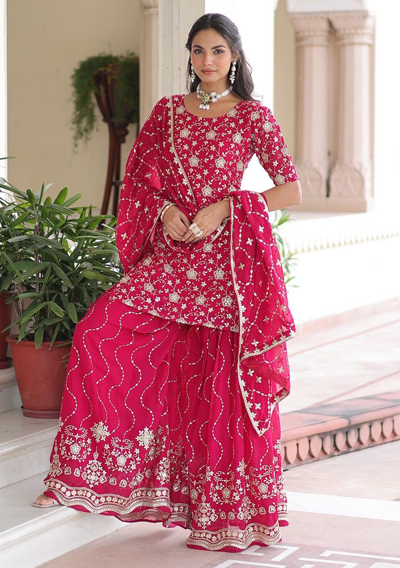 Pink Embroidered Sequence Georgette Sharara Set - Indya