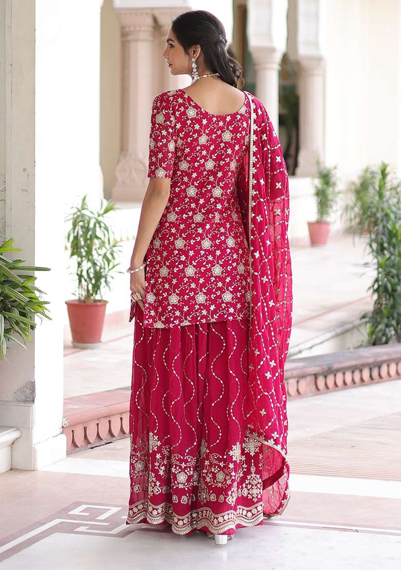 Pink Embroidered Sequence Georgette Sharara Set - Indya